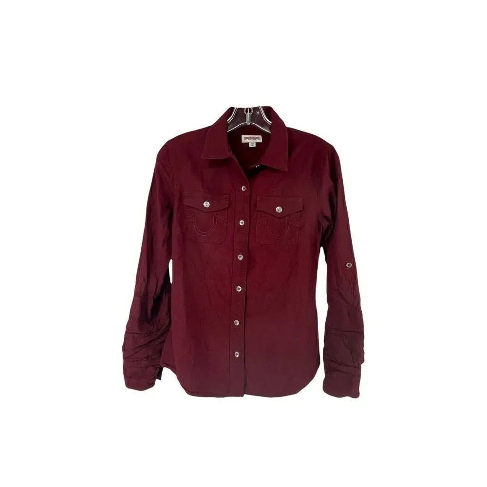 True Religion Utility Shirt Womens XS Burgundy Long Sleeve Roll Tab Button Up